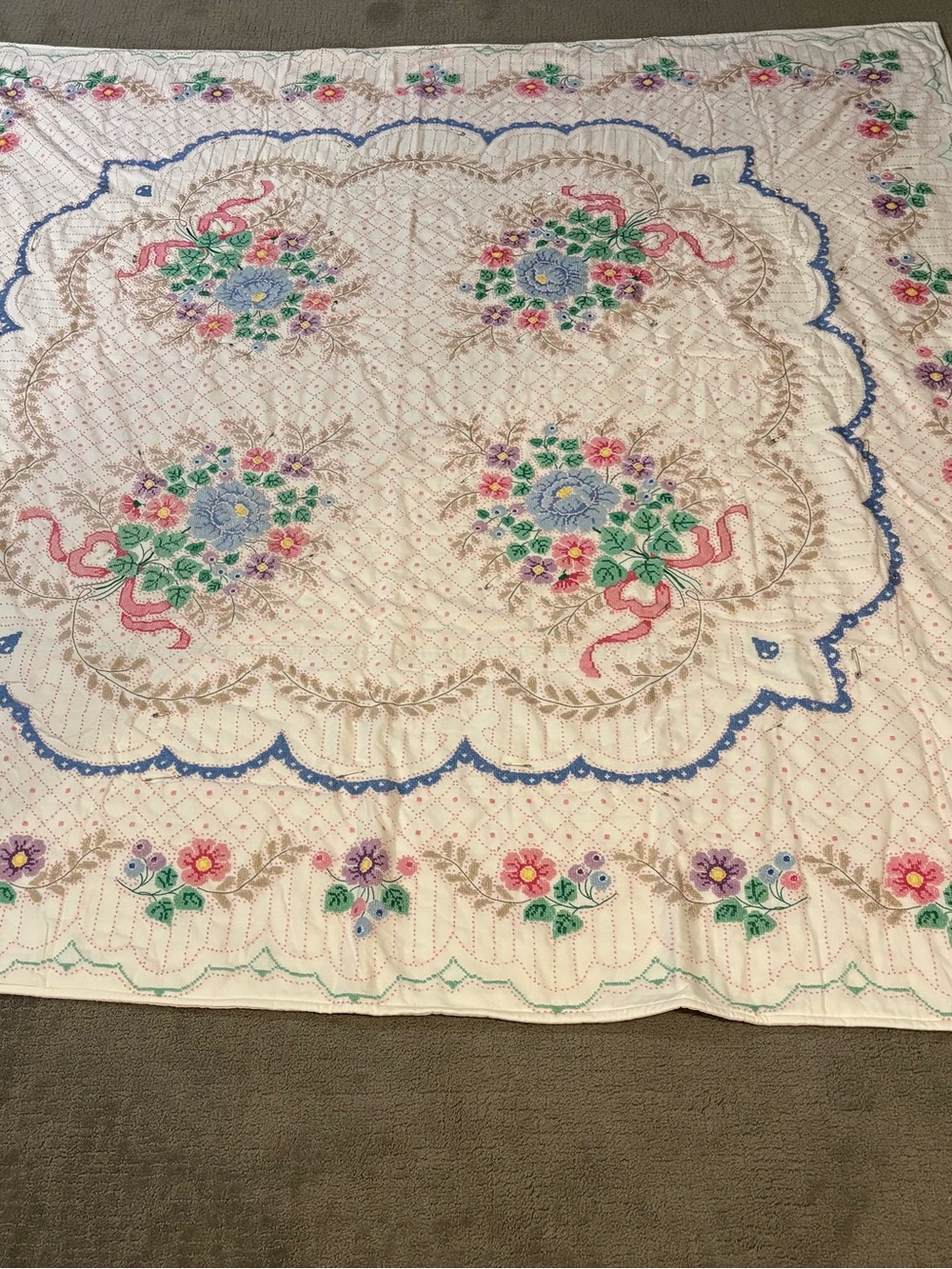 Handmade Embroidered Floral Bedspread - Cream with Pastel Accents